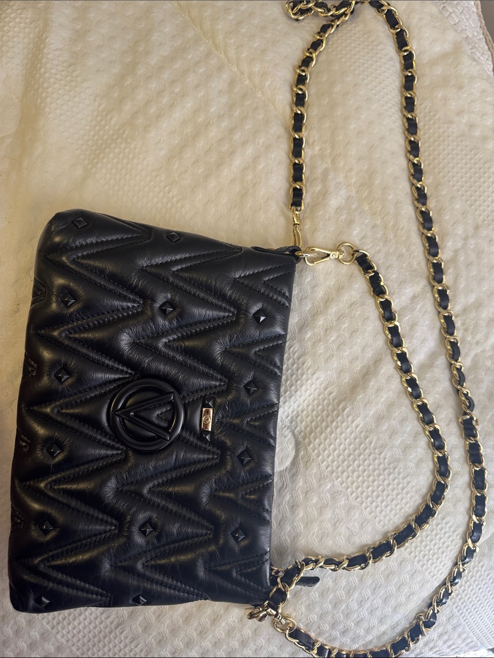 Valentino By Mario Valentino Black Quilted Leather Crossbody with Gold Chain